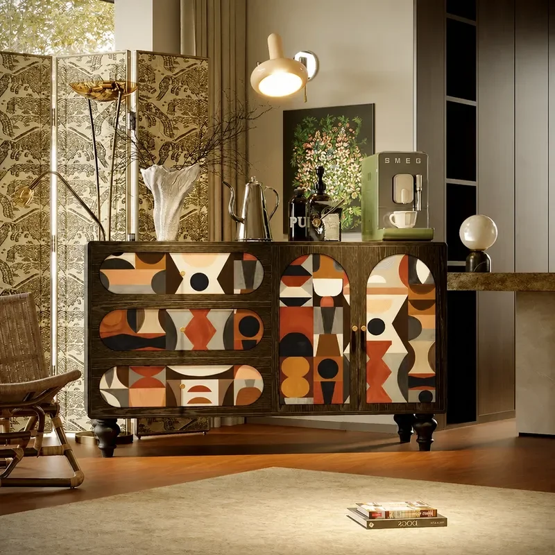Art Geometric Chest Solid Wood Porch Bedroom Bedside Storage Decorative Cabinet Living Room Storage Dining Side Stand Cabinet
