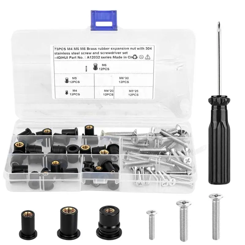 M4 M5 M6 Expansion Nut Repair Set 73PCS with Stainless Steel Screws Screwdriver for Household Appliance Fixing