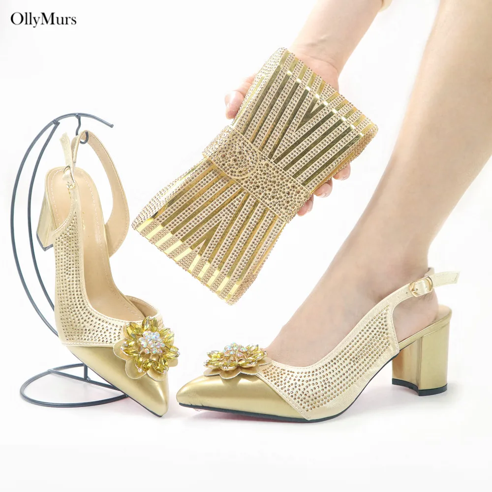 High Quality Nigerian Gold Color Wedding Shoes And Bag Set Italian Design Rhinestone Women Pumps Shoes And Bag Set For Party