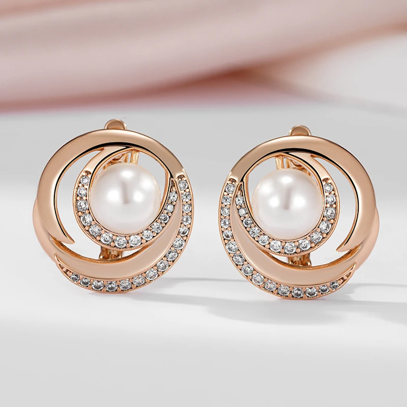 SYOUJYO Pearl Drop Earrings For Women 585 Rose Gold Color Bride Wedding Jewelry Natural Zircon Vintage Earrings