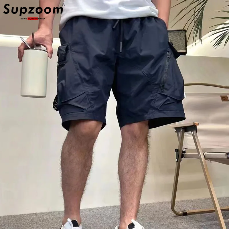 Supzoom New Arrival Top Fashion Summer Loose Casual Belt Design High Street Trendy grid Stitching Pocket Personalized Shorts Men