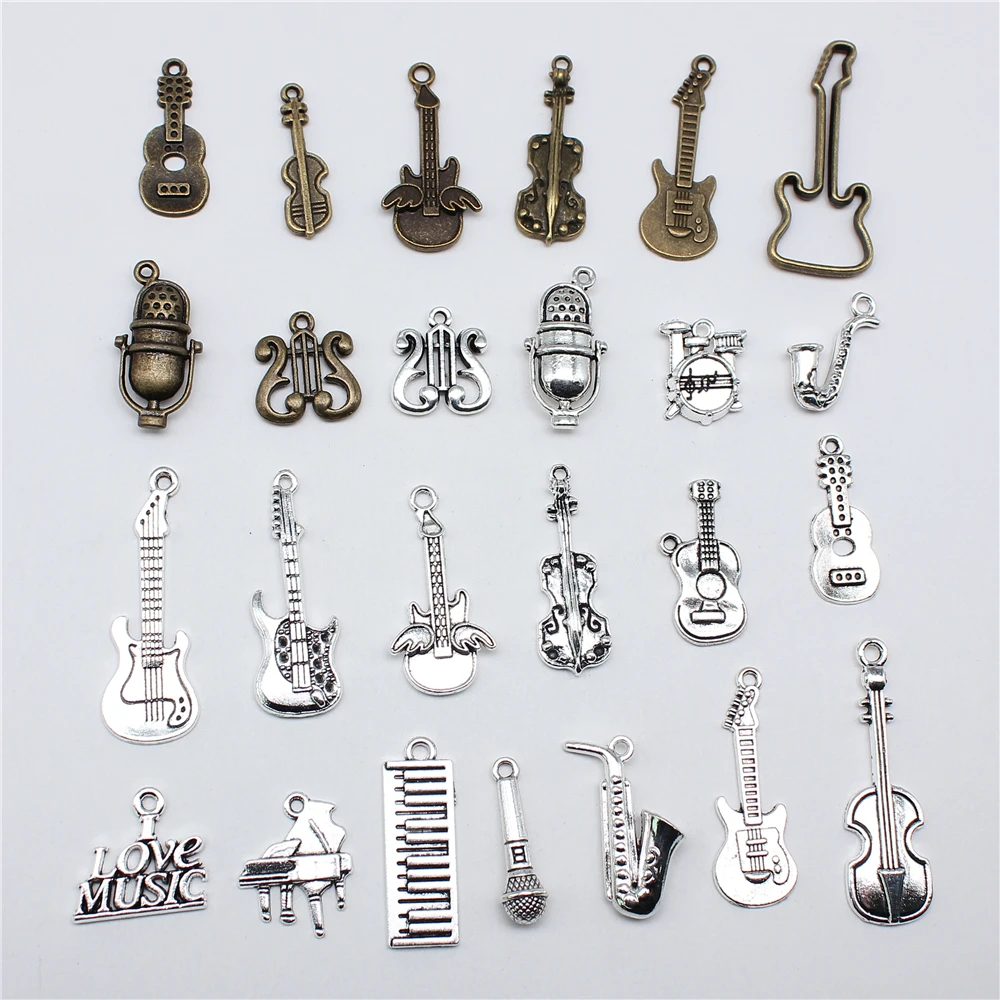 10 sztuk muzyczne Charms Instrument muzyczny bęben gitarowy fortepian mikrofon Charms do tworzenia biżuterii