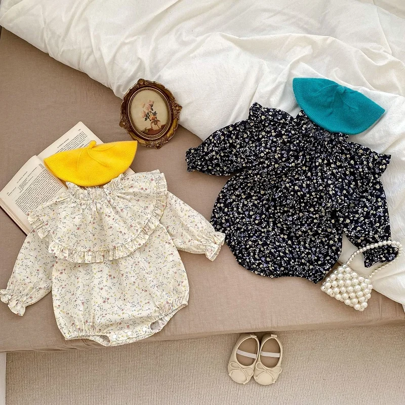 

2023 Autumn Newborn Baby Girl Clothes Long Sleeve Ruffles Collar Flower Romper Cotton Bodysuit Playsuit INS Outfits For 0-24M