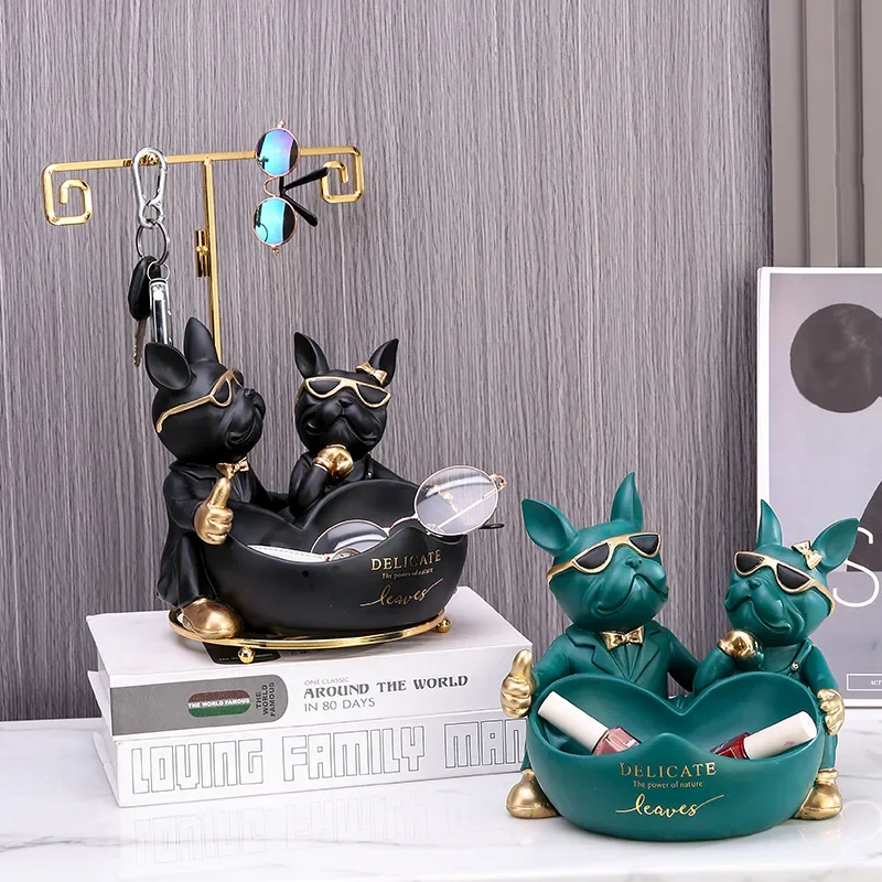 Lovers Bulldog Statue with Bowl Storage Box for Keys Jewelry French Bulldog Figurine Resin Home Décor Table Decoration Sulpture