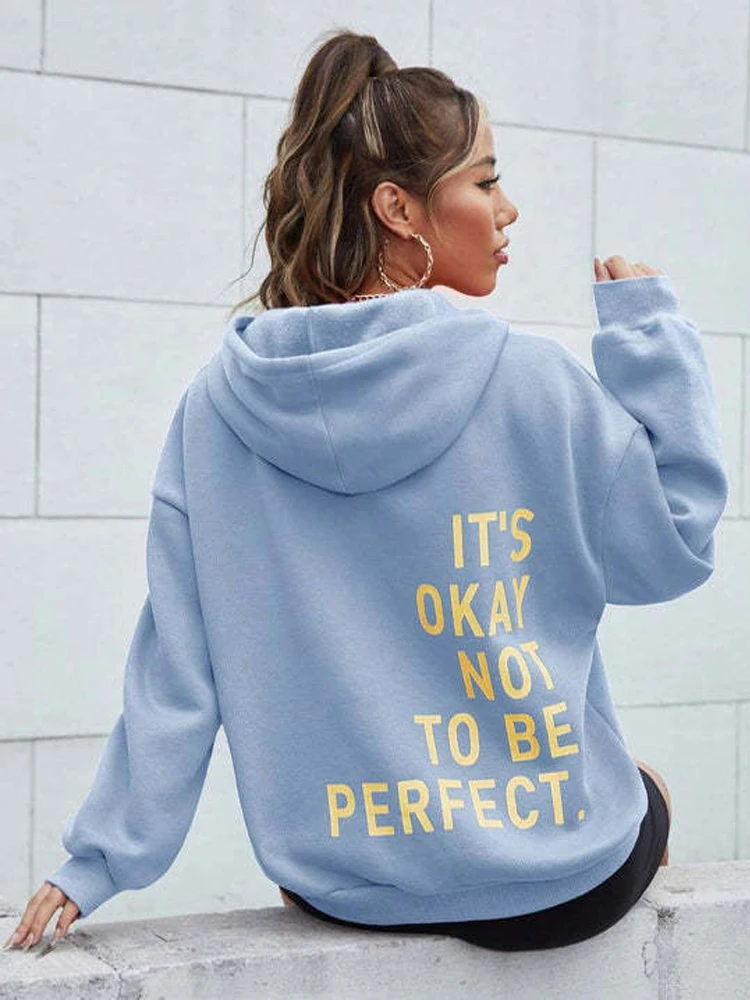 Sudadera con capucha con estampado de letras Lt\'s Her Not To Be Perfect para mujer, sudaderas de manga larga con bolsillo, Jersey cálido, moda Cl