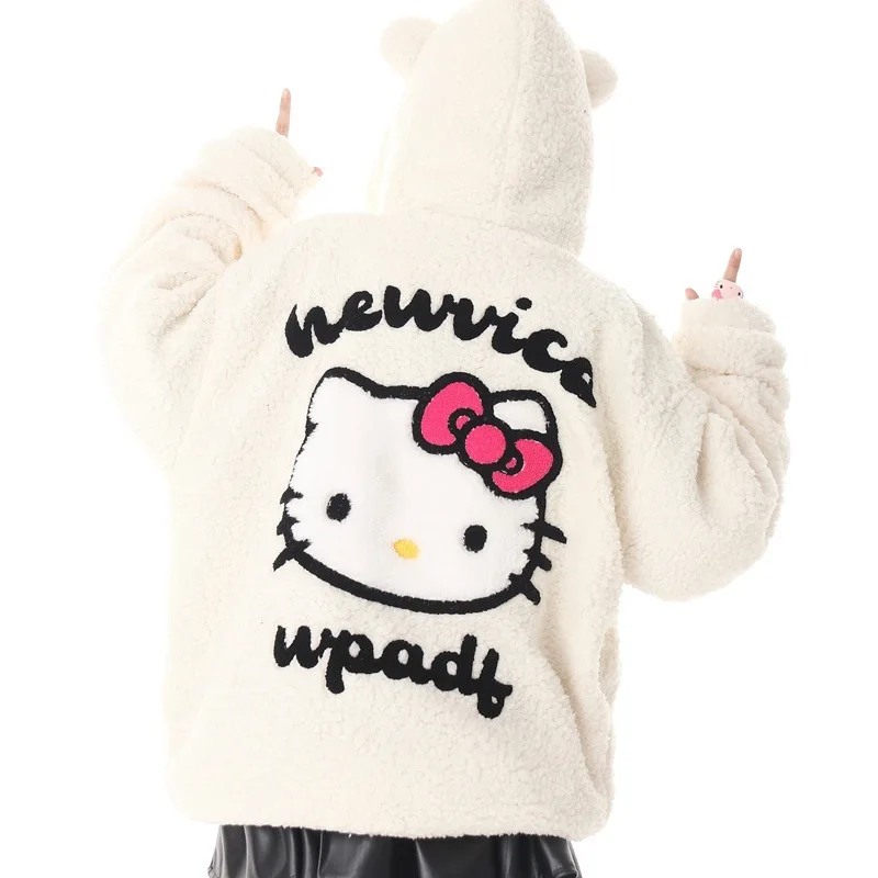 Hello Kitty Zip Hoodie Girl Loose Cardigan Coat Streetwear Women Clothes Oversized Sweatshirt Cardigan Plush Jacket Sweater