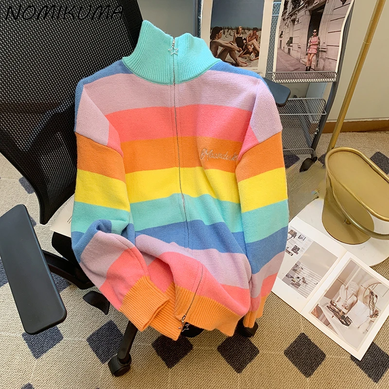 Nomikuma Rainbow Striped Sweater Coat Knitted Hit Color Zipper Turtleneck Cardigan 2023 Women Autumn New Knitwear Outwear Tops