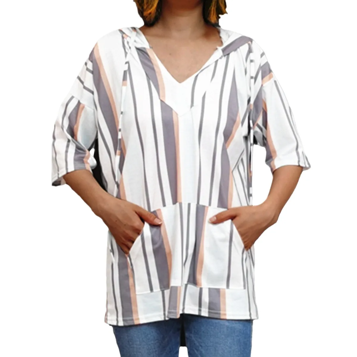 تي شيرت Laid-ba Loose Feeling للنساء ort Sve تي شيرت قاعدة منزلية irt ket بقلنسوة وسلسلة علوية غير رسمية