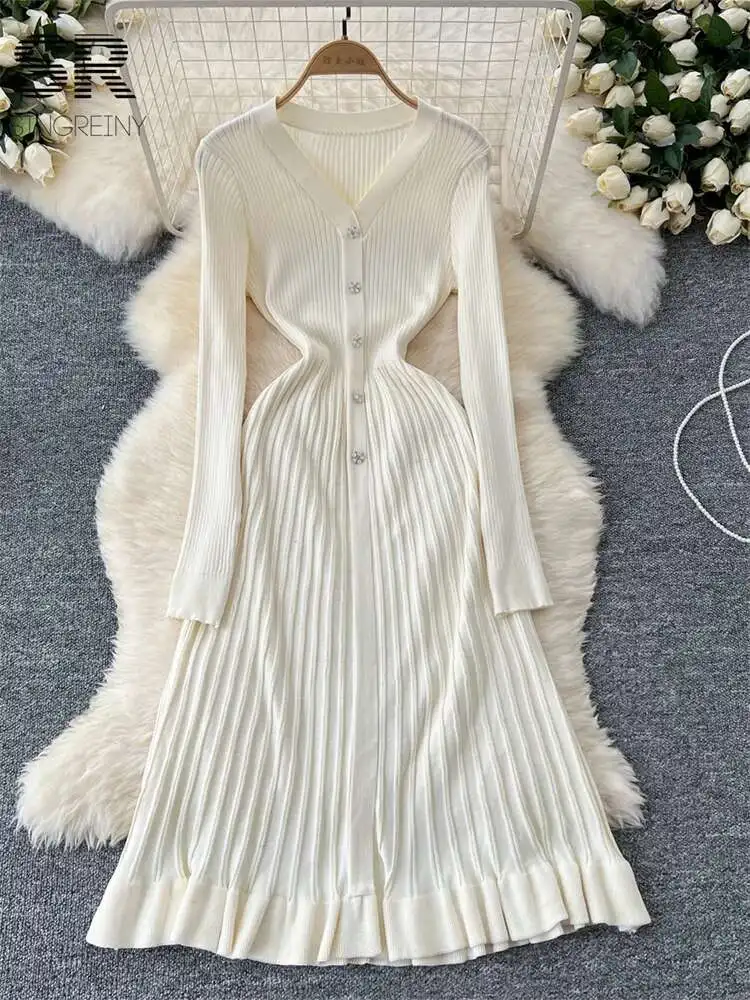 

BabYoung Autumn Winter Knitted Women V Neck Sleeve Single Breasted Solid Senior Temperament Sweater Long Dress