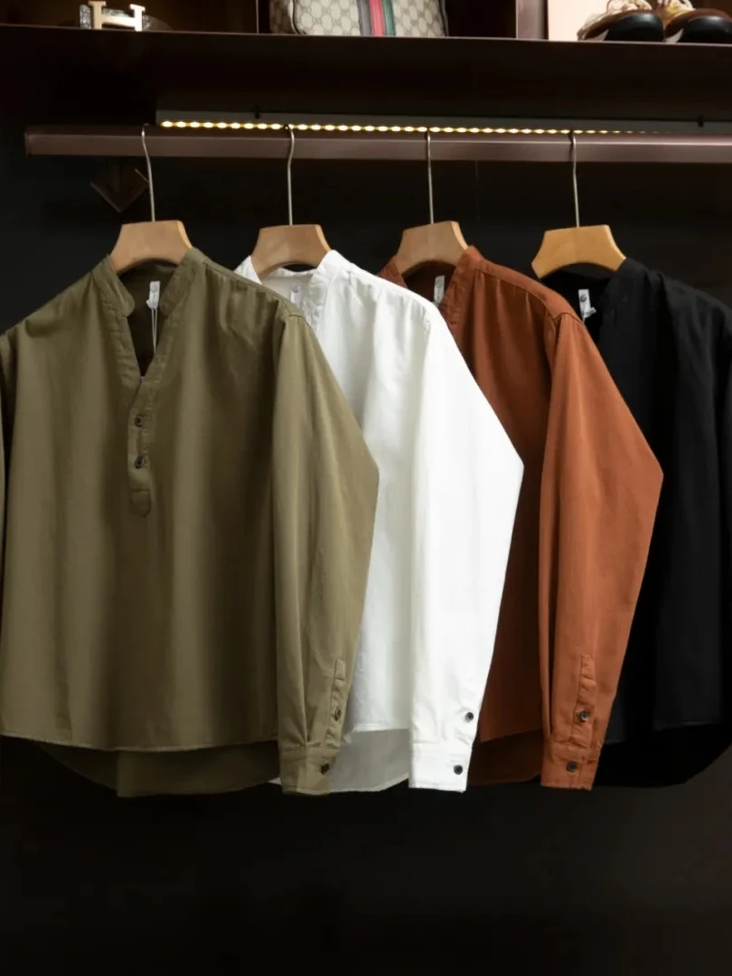 

Мужская повседневная рубашка с V-образным вырезом из 100% хлопка для ранней осени, дышащая, из тонкого материала, однотонная, свободного кроя