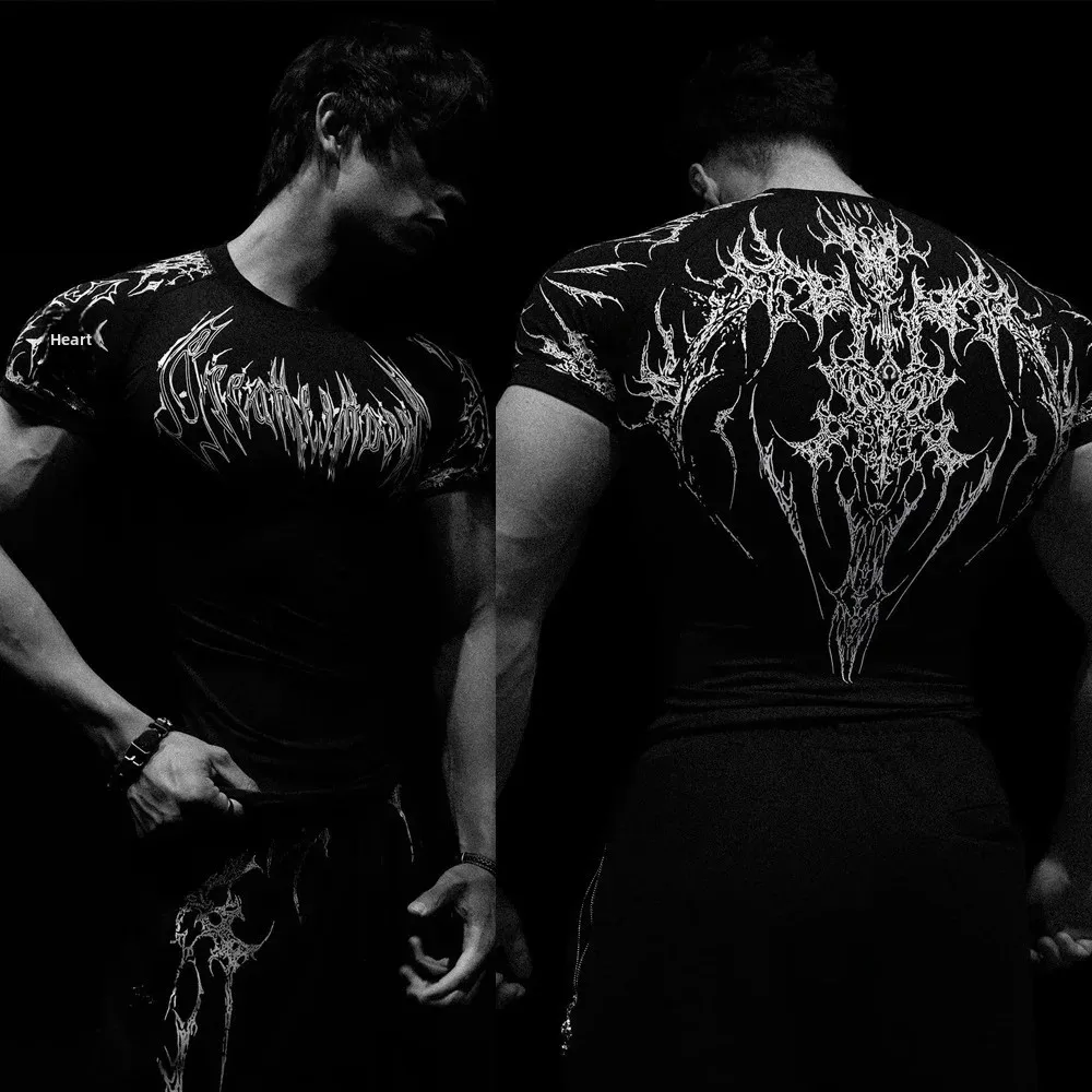 

Breathedivinity American Style Fitness Men's T-shirt Quick Dry Elastic Body Suit Dark Style Sportswear Breathable Summer Top