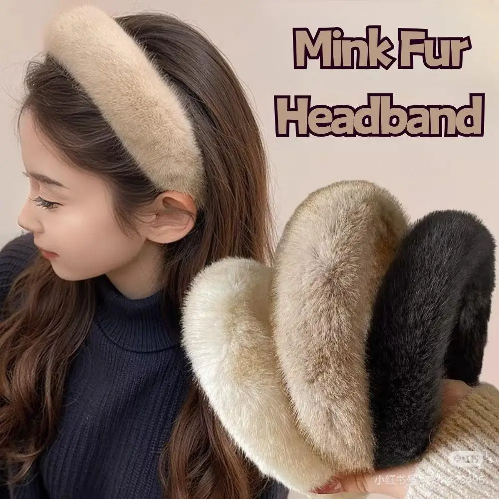 

2025 Autumn Winter Mink Fur Solid Color Headband Korean Fluffy Fur Hair Band Widen Thicken Plush Headbands For Women Headwear
