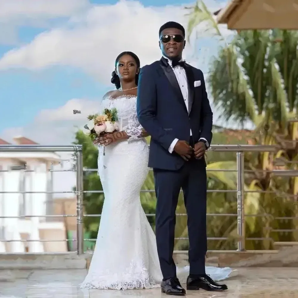 Vestidos de Novia Africanos, Vestido de Novia Sexy Estilo Sirena, Suknia Slubna de Encaje con Mangas Largas, Vestido de Novia con Cuentas Bordadas Blancos