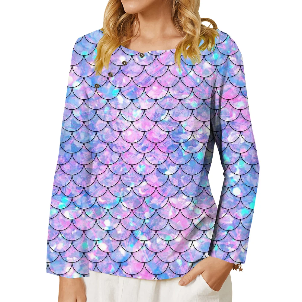 CLOOCL New Women T-shirt Fantasy Mermaid Princess Pink Purple Fish Scales Printed Long Sleeve Shirt Button Decorate Tee Blouse