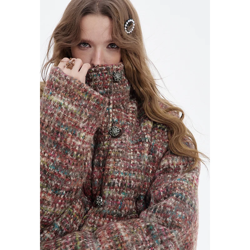 ELFSACK 2025 invierno nuevas llegadas Y2K elegante a cuadros Puffer cuello de piel sintética botón con cremallera completa Chaqueta corta para mujer