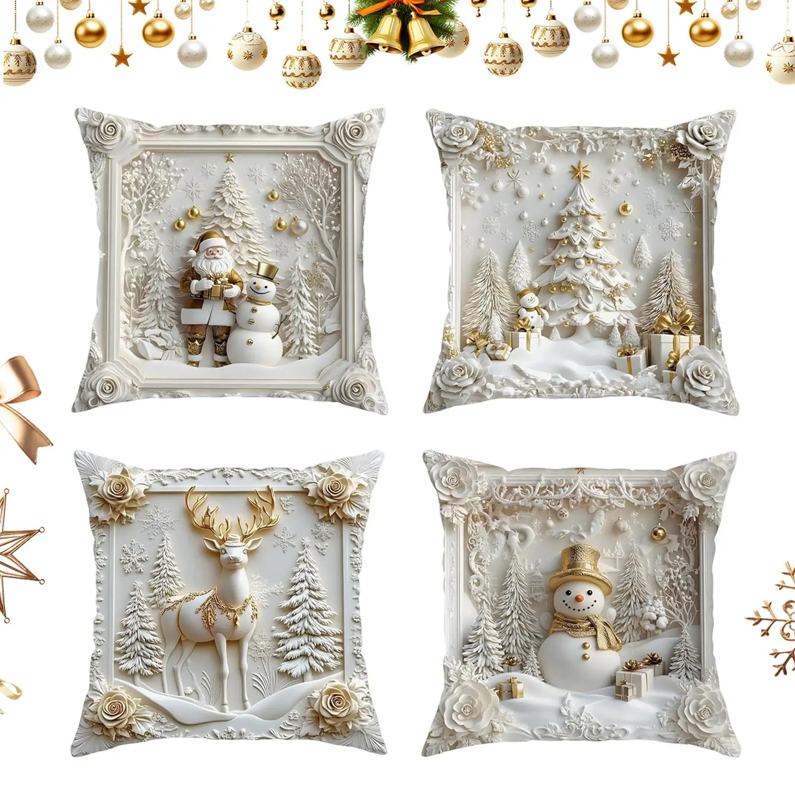 Christmas Throw Pillow Covers 4 Pieces White 18x18 Inch Home Decor Christmas Decorative Pillow Covers For Reading Sitting