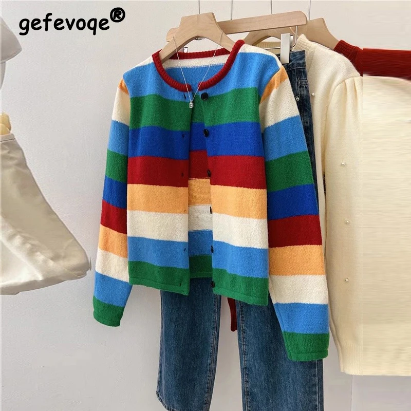 

Autumn Women Trendy Vintage Rainbow Striped Chic Button Knitted Cardigan Female Casual O Neck Long Sleeve Outewear Sweater Coat