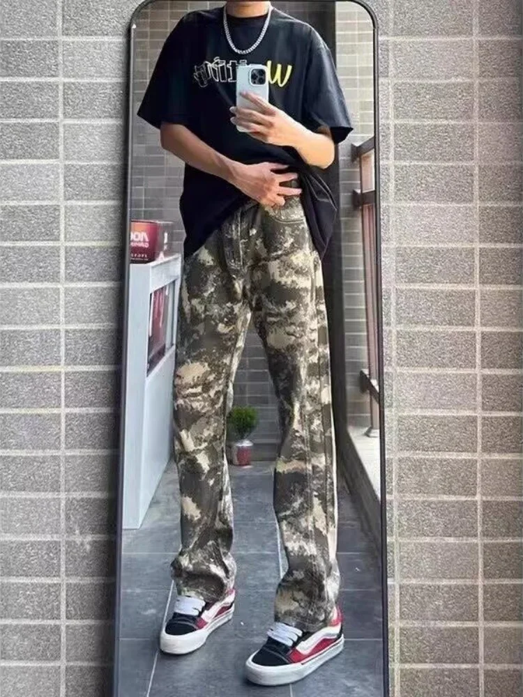 

Мужские джинсы American Waed в стиле камуфляж, повседневные брюки для улицы, весна-осень, прямые, облегающие, с легким расклешением