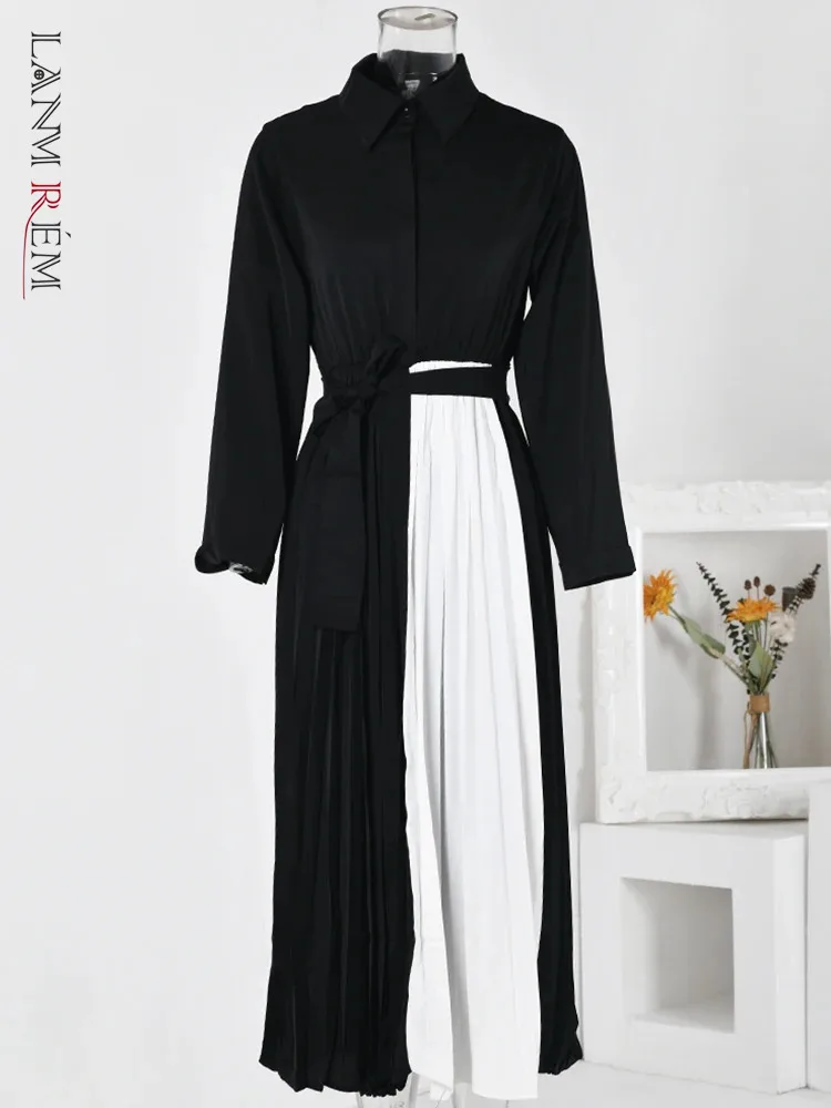 

LANMREM Fashion Contrast Color Spliced Dress Women Lapel Belt Gathered Waist Irregular Dresses 2024 Spring New Clothing 2YA2313