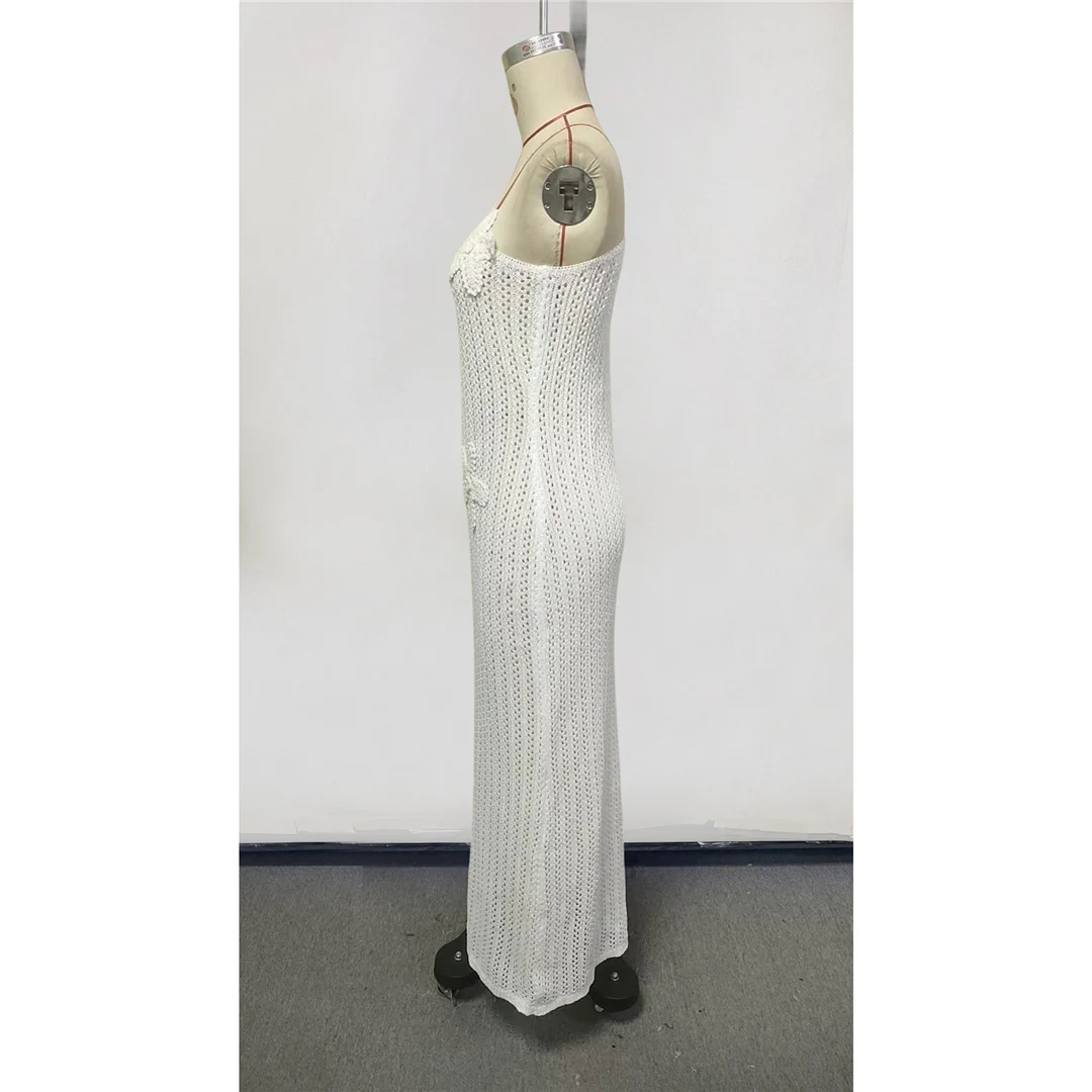 3D-Blumen, einseitiger Schnitt, einfarbig, gehäkelt, gestricktes Tunika-Oberteil, Strandkleid, Strandbekleidung, Damen, V8294 – Detail 7