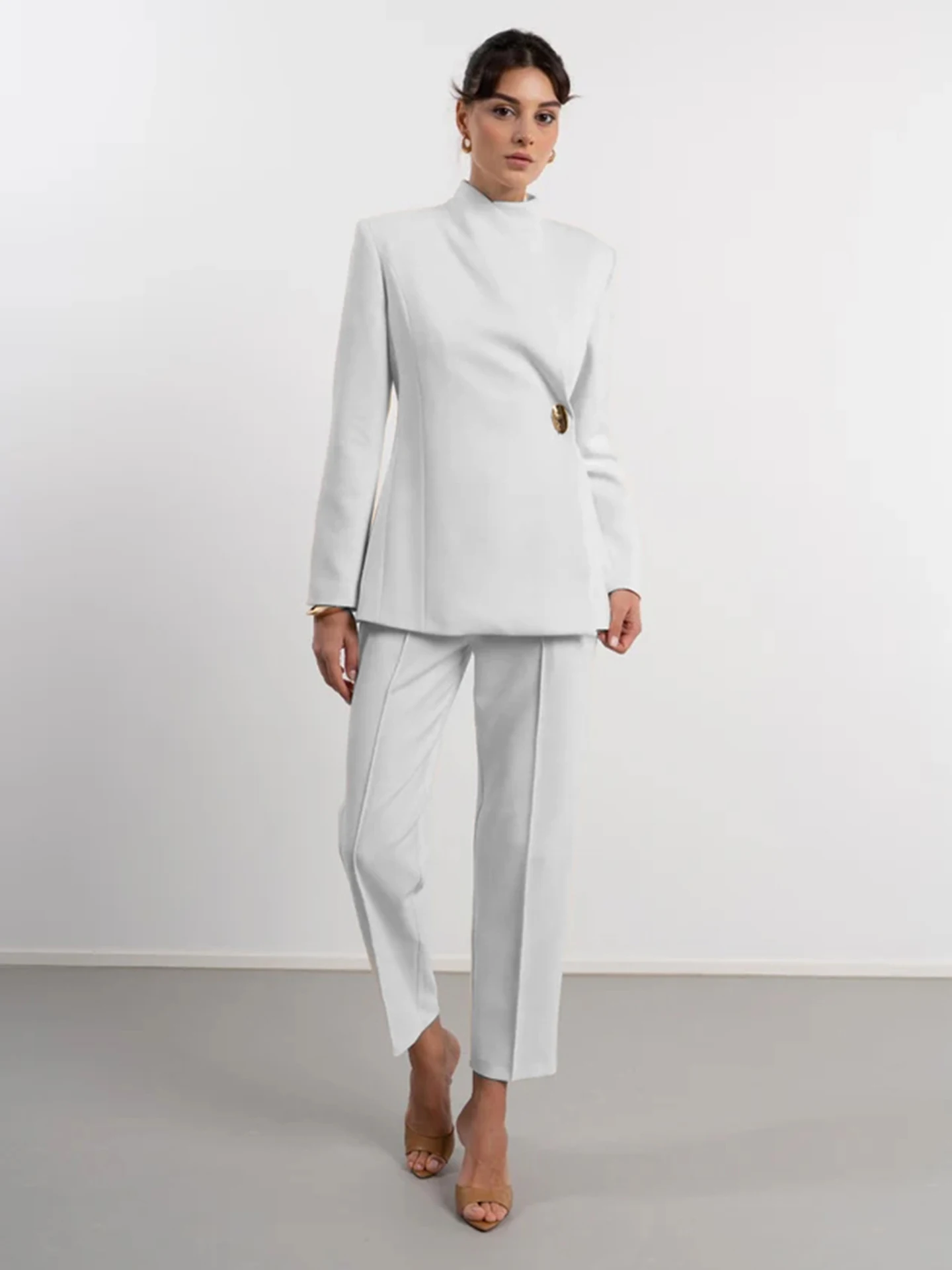 VGH White Suit Two-Piece Set Asymmetric Lapel One Button Top plus Nine-Piece Pants Commute Set Women's Fashion Spring Workwear