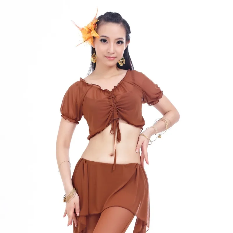 Fil d'eau personnalisé froissé à manches courtes, costumes de danse du ventre, vêtements d'entraînement, fil d'eau importé, hauts d'entraînement