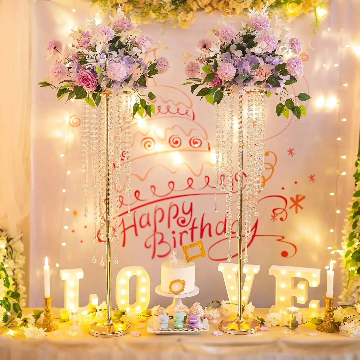 Hochzeitstisch-Mittelstück Blumenständer - 29,6 Zoll Goldvase mit Kristall-Kronleuchter, Mitteltisch für Außen- und Innendekoration – Detail 5