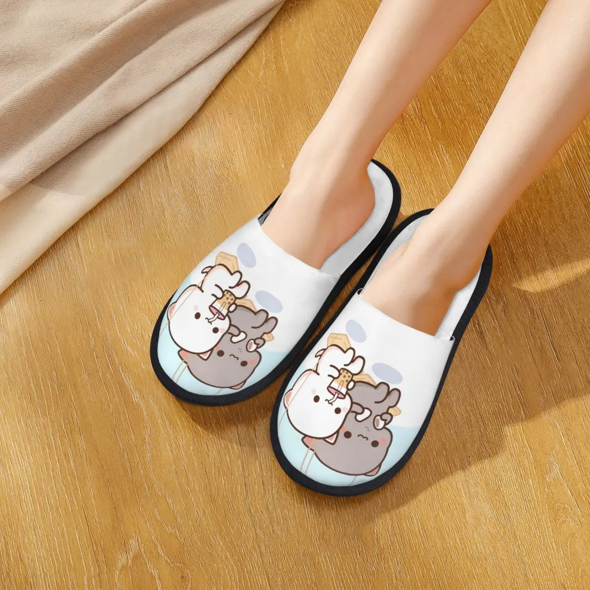 Peach And Goma Mochi Cat Swing Winter House Slippers Indoor Soft Household Fur Slides Slippers Anti-skid