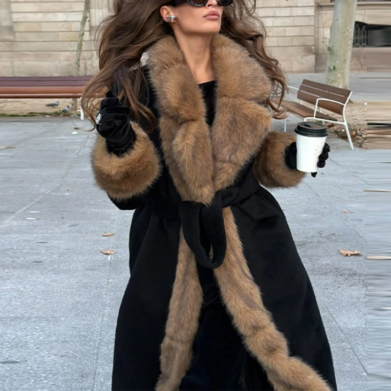 2026 Winter American Retro Slimming Fur Collar Lace-up Outerwear New Style Fashionable Fur Thickened Warm Long Jacket for Women