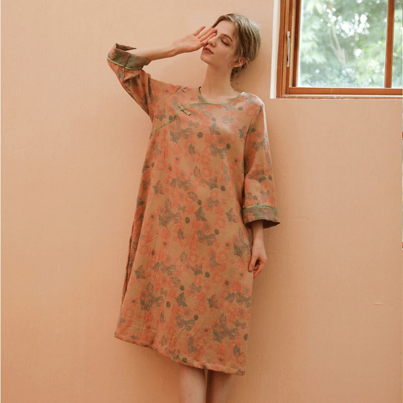 Autumn Chinese Retro Style Pajamas for Women Diagonal Buckle Cotton Jacquard Long Sleeve Dress Literary Multicolor Night Gown