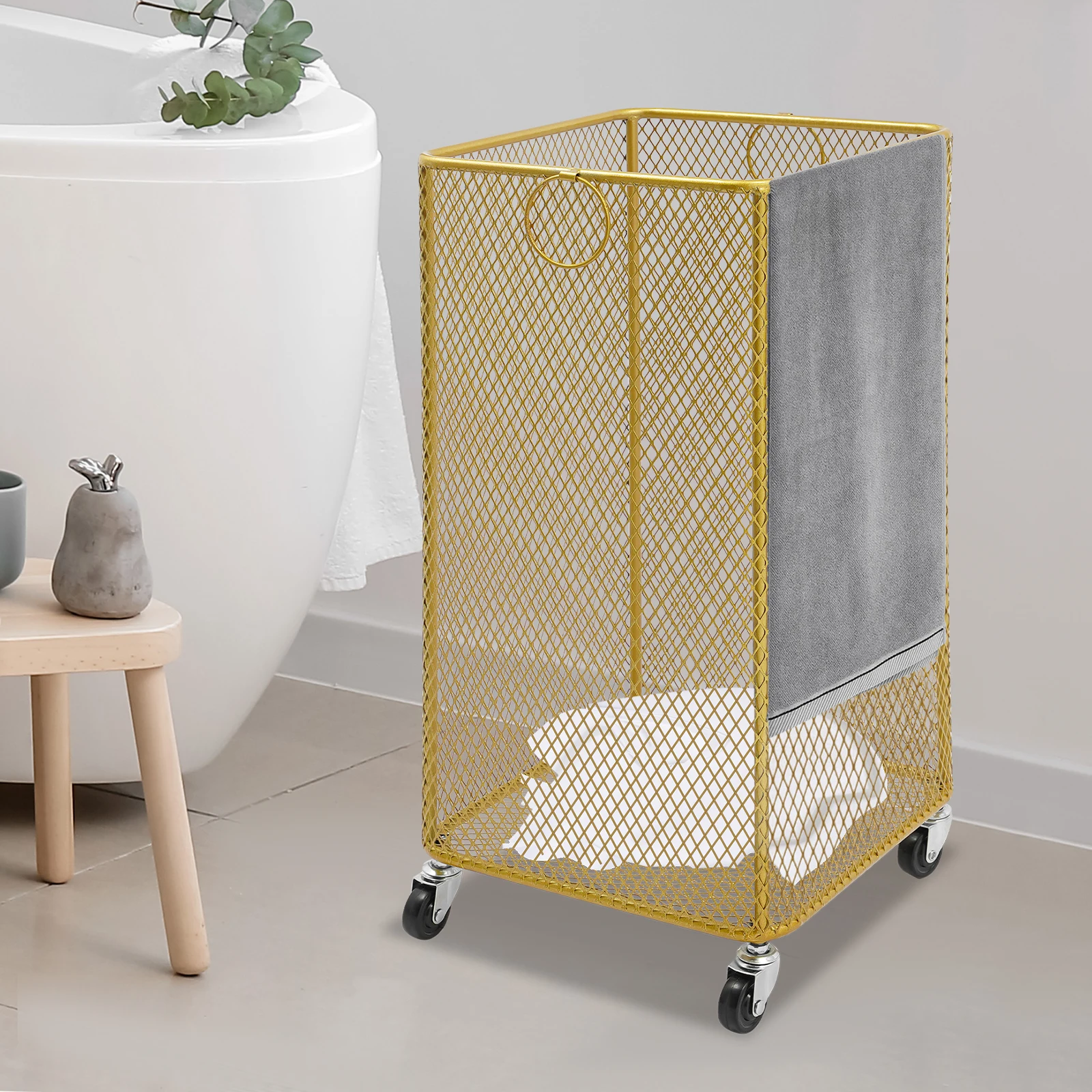

Square Metal Mesh Laundry Basket with Wheels, Laundry Basket Cart Durable Hamper for Clothes, Storage Organizer for Home