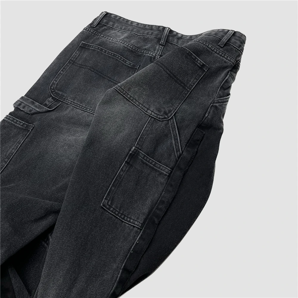 Men Washed Black Deconstructed Jeans Seven-Pocket Styling Winter Streetwear