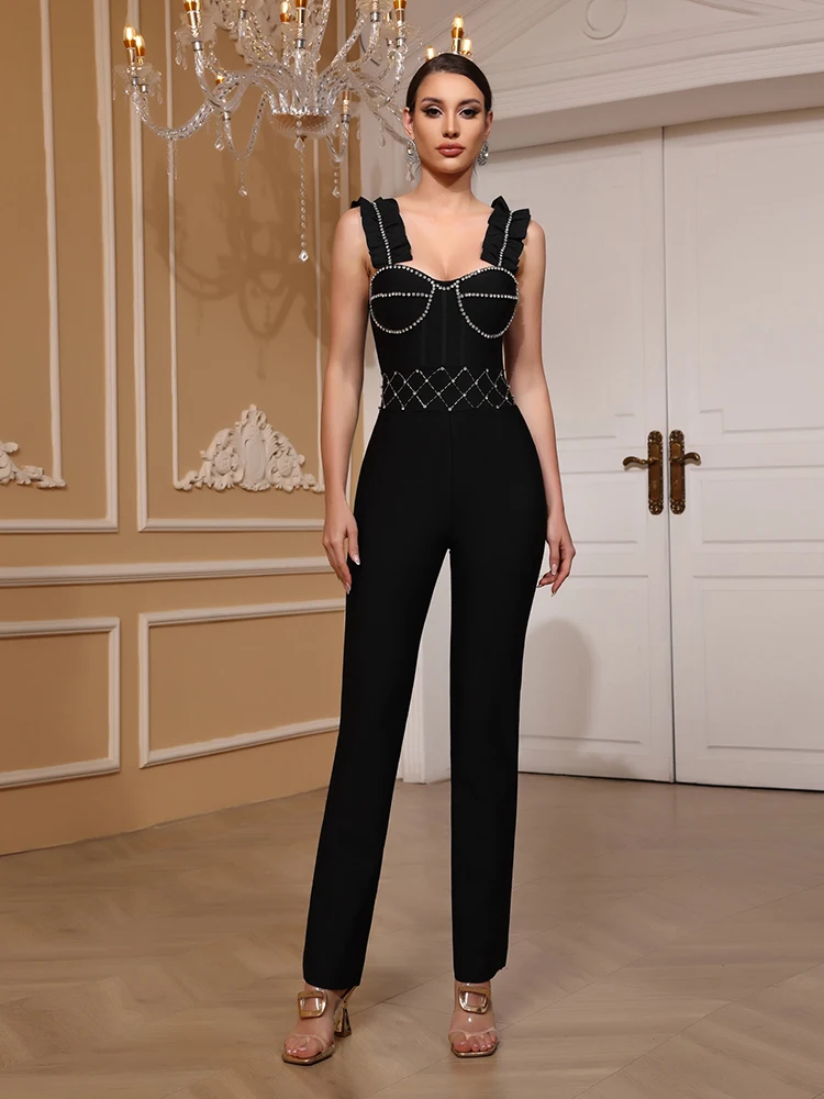 Sexy V Neck Diamonds Ruffles Patchwork Bandage Jumpsuit Women Black Sleeveless Crystal Jumpsuits Evening Party Cocktail Clubwear