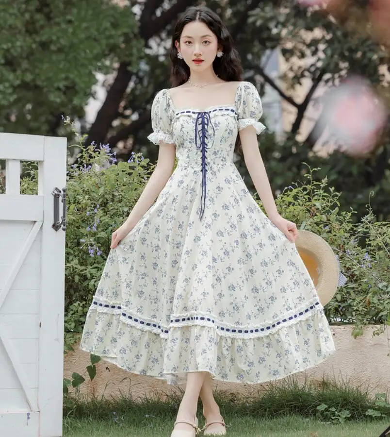 Prairie Chic Blue Flower Print French Bandage Ribbon Bow Slim Dresses for Women Romantic Princess Dress Faldas Vestido Festa