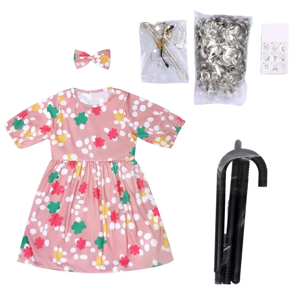 Kinder Cosplay alte Dame Kleid Kinder alte Dame Großmutter Cosplay Kostüm Set mit Perücke Rohr Brille Bogen bunt für Halloween