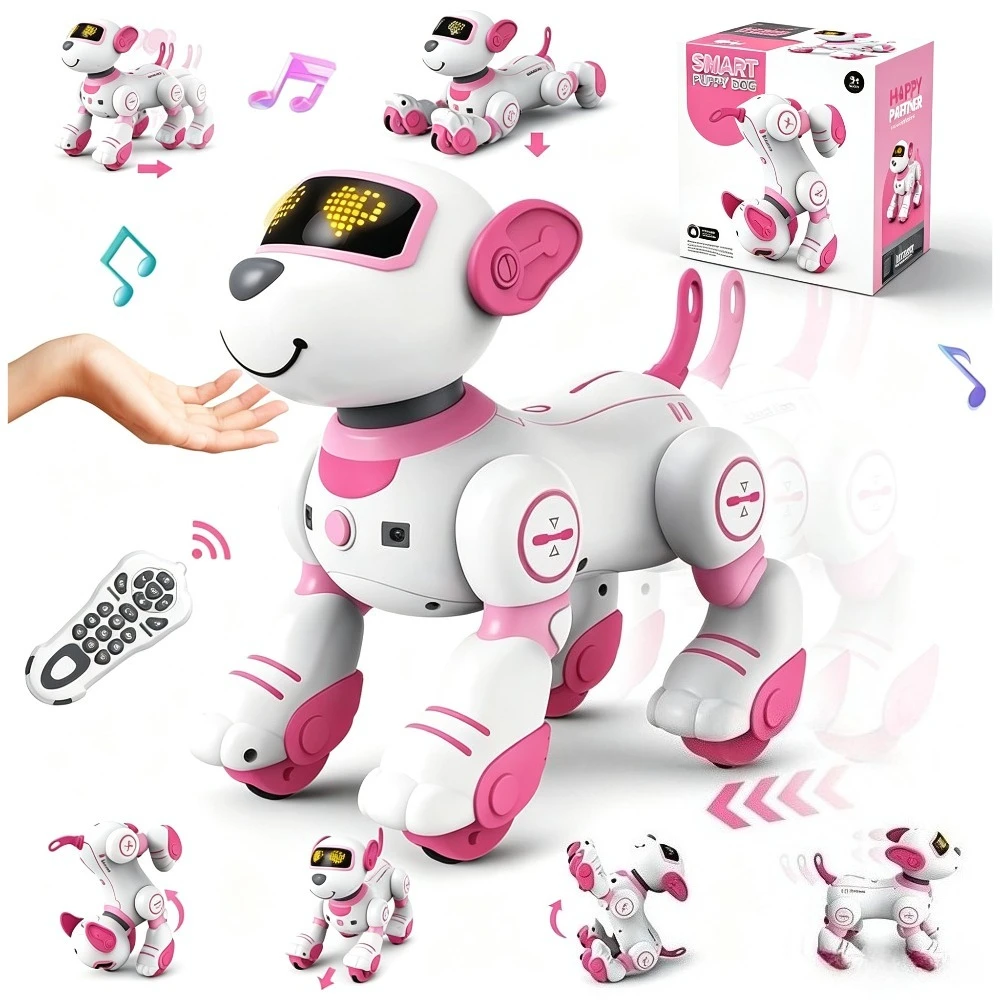Pink RC Robot Dog Toy for Girls 3+, 17 Functions, Touch Follow, Programmable, Dancing Walking Interactive Electronic Pet, gift
