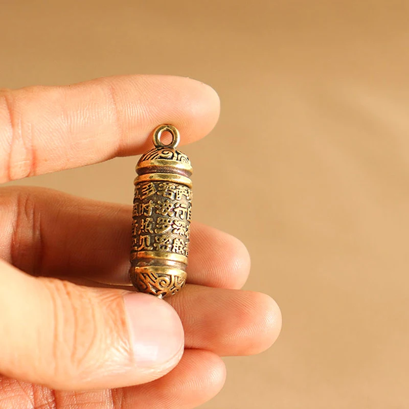 (.) Hollow Brass  Bottle Sutra Cylinder Pendant Keychain Handmade Vintage Pill Box Container Bottle Keychain Pill Case Bottle - view 3