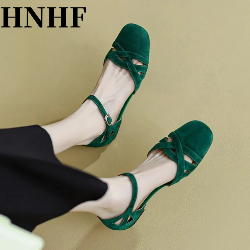 HNHF Women Fashion Classic Retro Roman Sandals Summer New Woman Temperament Round Head Hollow Frosted Low-Heeled Sandals