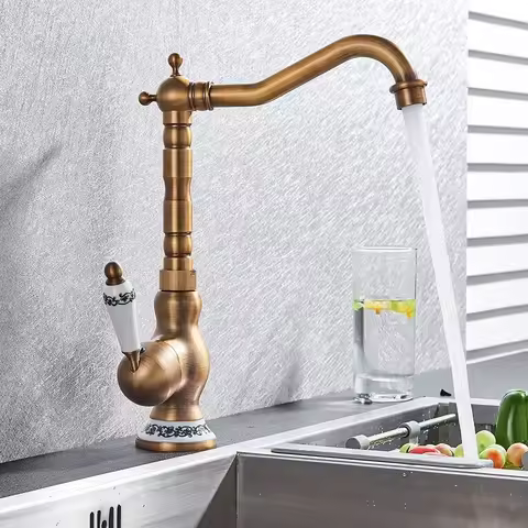 Retro Antique Brass Basin Faucet KItchen Faucet Short/Tall Deck Mount Single Handle Cold Hot Water Mixer Bathroom Sink Tap