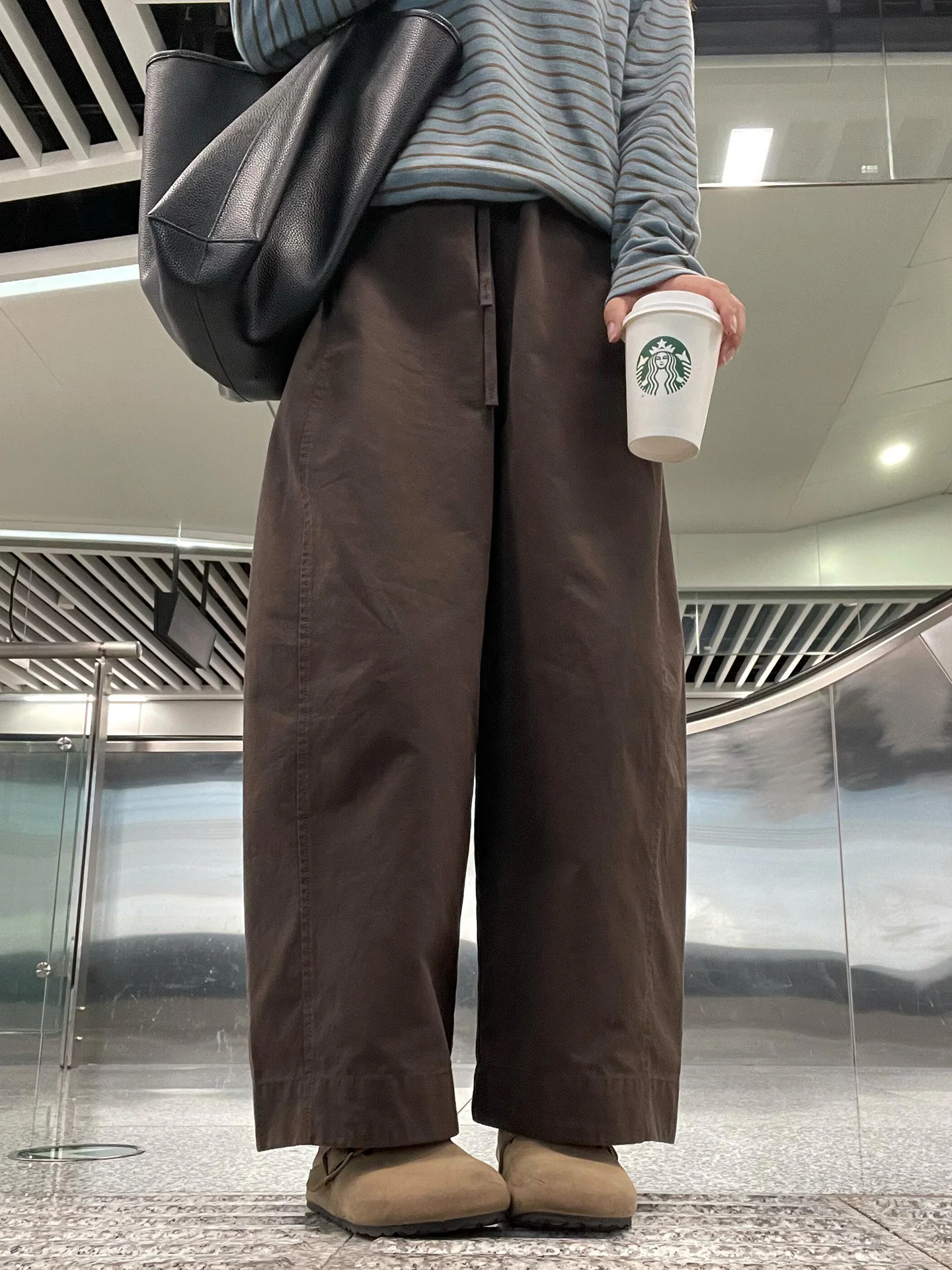 Casual Wide Leg Pants Asymmetrical High Waist Elastic Non-Stretch Autumn New Style Coffee Color Grandmother Pants for Women