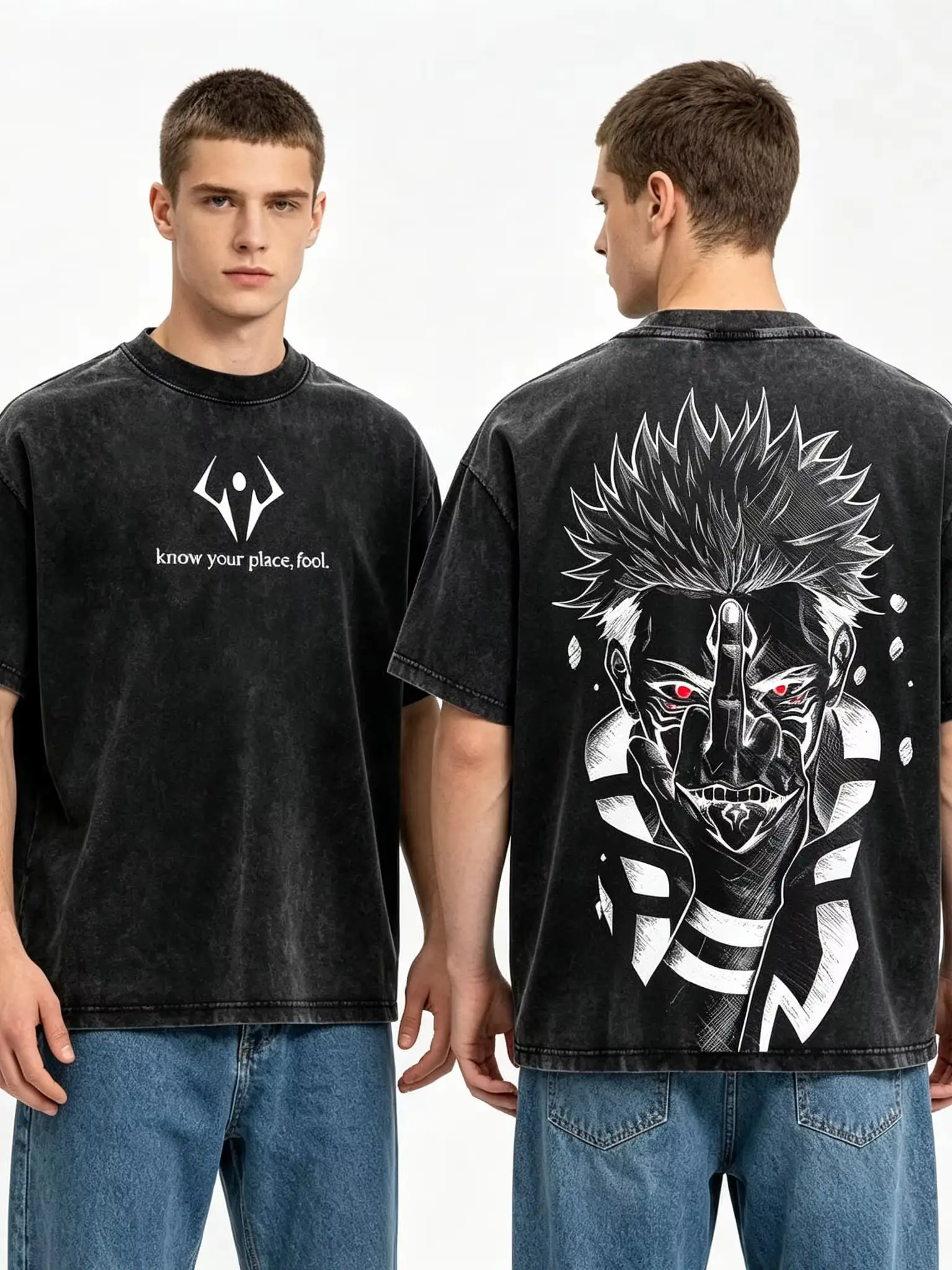 Vintage Jujutsu Kaisen Ryomen Sukuna Anime Casual Style Damen T-Shirt Unisex Tee Top Herren Baumwolle Kurzarm Gewaschenes T-Shirt – Detail 3