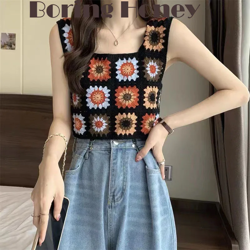 

Boring Honey Retro Checked Embroidery Tank Top Women Square Collar Sleeveless Short Corset Tops Hollow Out Crop Top Women