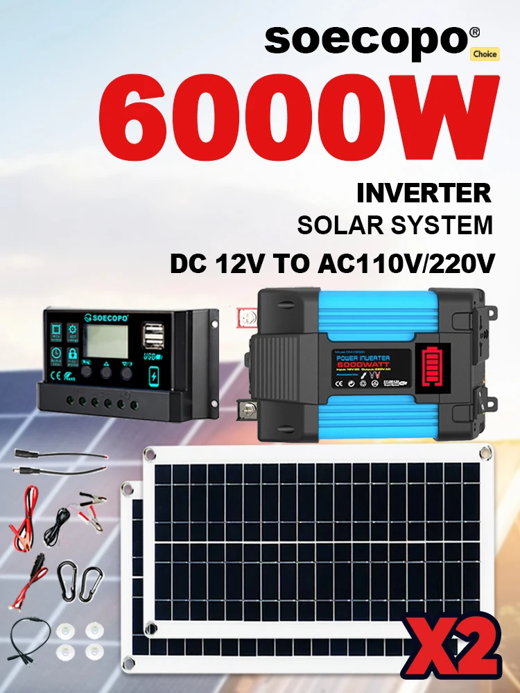 SOECOPO – Kit de système d'énergie solaire 6000W, 200W X 2, panneaux solaires, onduleur DC à AC, contrôleur 100A, ensemble complet pour usage domestique et Camping