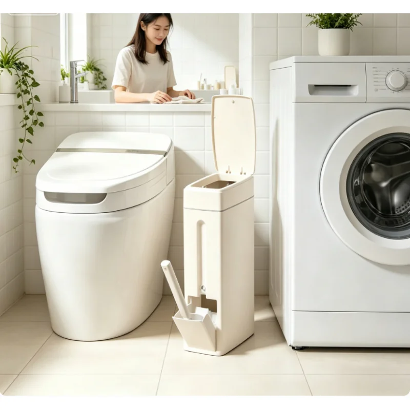 

2-in-1 Bathroom Waste Can Slim Sealed Odor Resistant PP Garbage Bin With Toilet Brush Home Restroom Use