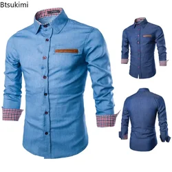 Fashion Patchwork Long Sleeve Denim Shirts for Men Spring Casual Basic Social Shirts Pockets Slim Men High Quality Cotton Blouse