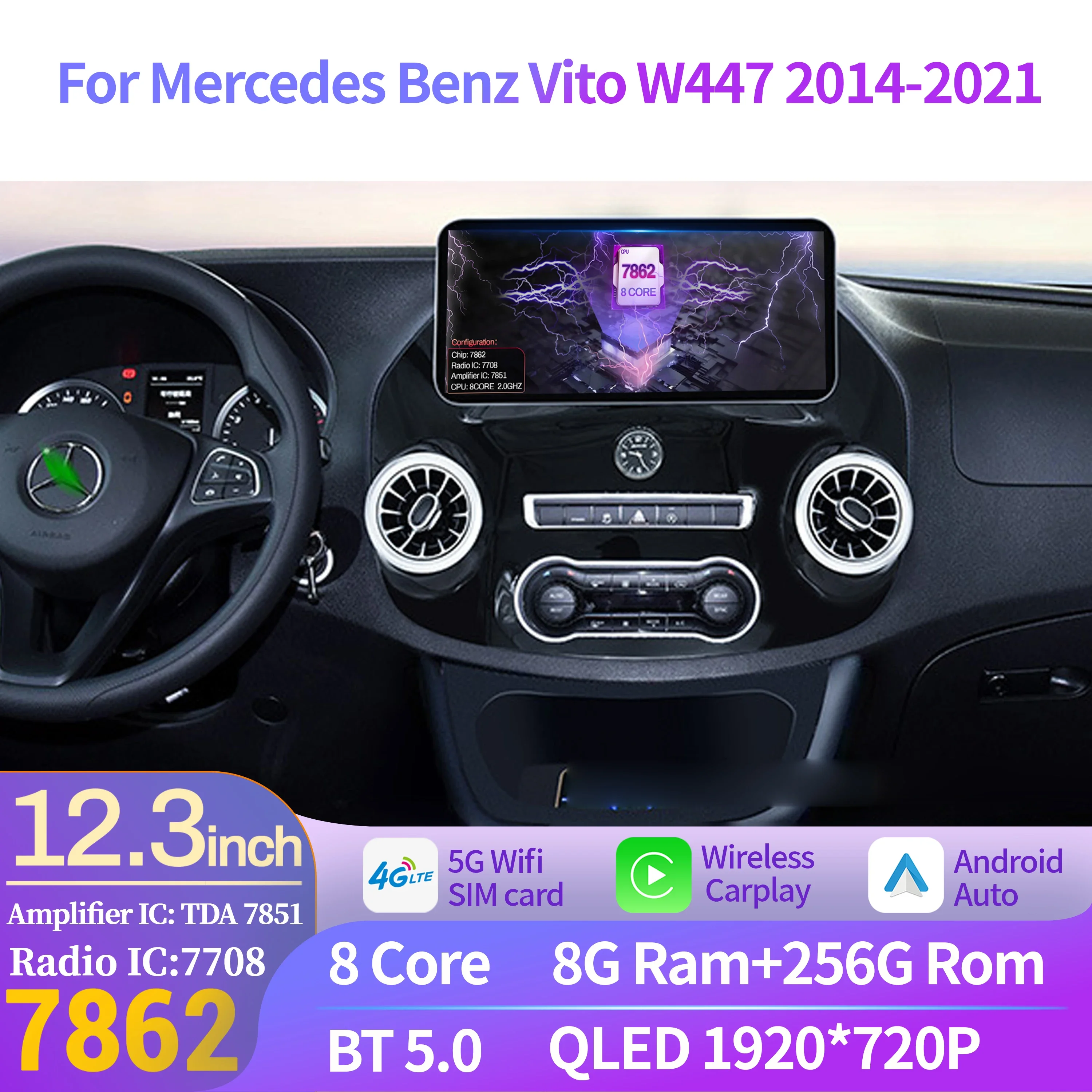 

12.3 inch For Mercedes Benz Vito W447 2014-2021 Wireless Android 14 Bluetooth Carplay 4G Multimedia Car Radio Head Unit Screen