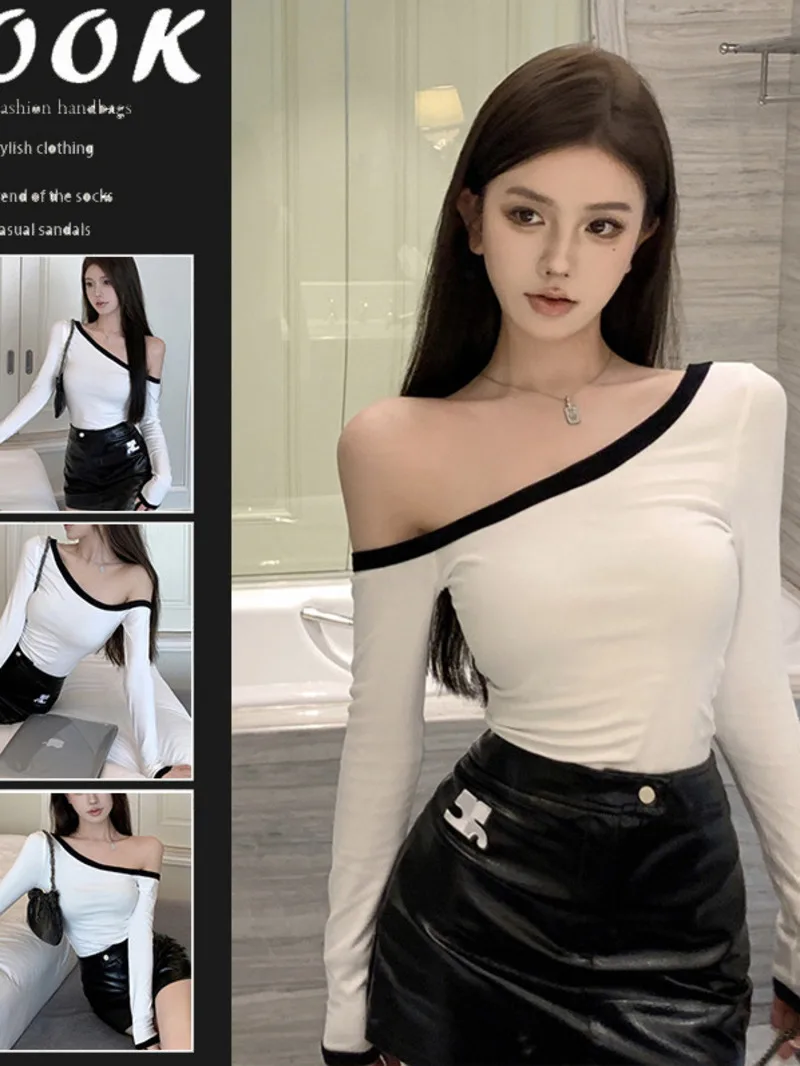 Pure desire spicy girl y2k off the shoulder top for women in autumn and winter American style slanted shoulder long sleeved 92LS