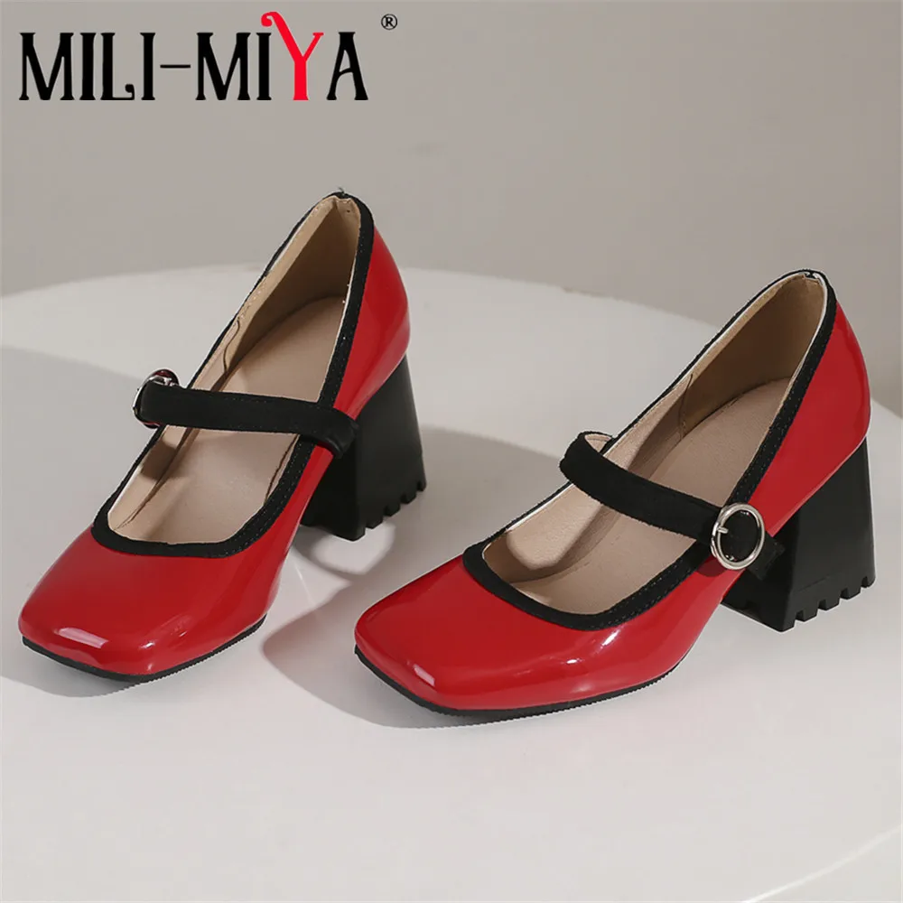 MILI-MIYA New Arrival Women Patent Leather Pumps Buckle Strap Square Toe Thick Heels Solid Color Plus Size 34-44 Dress Party