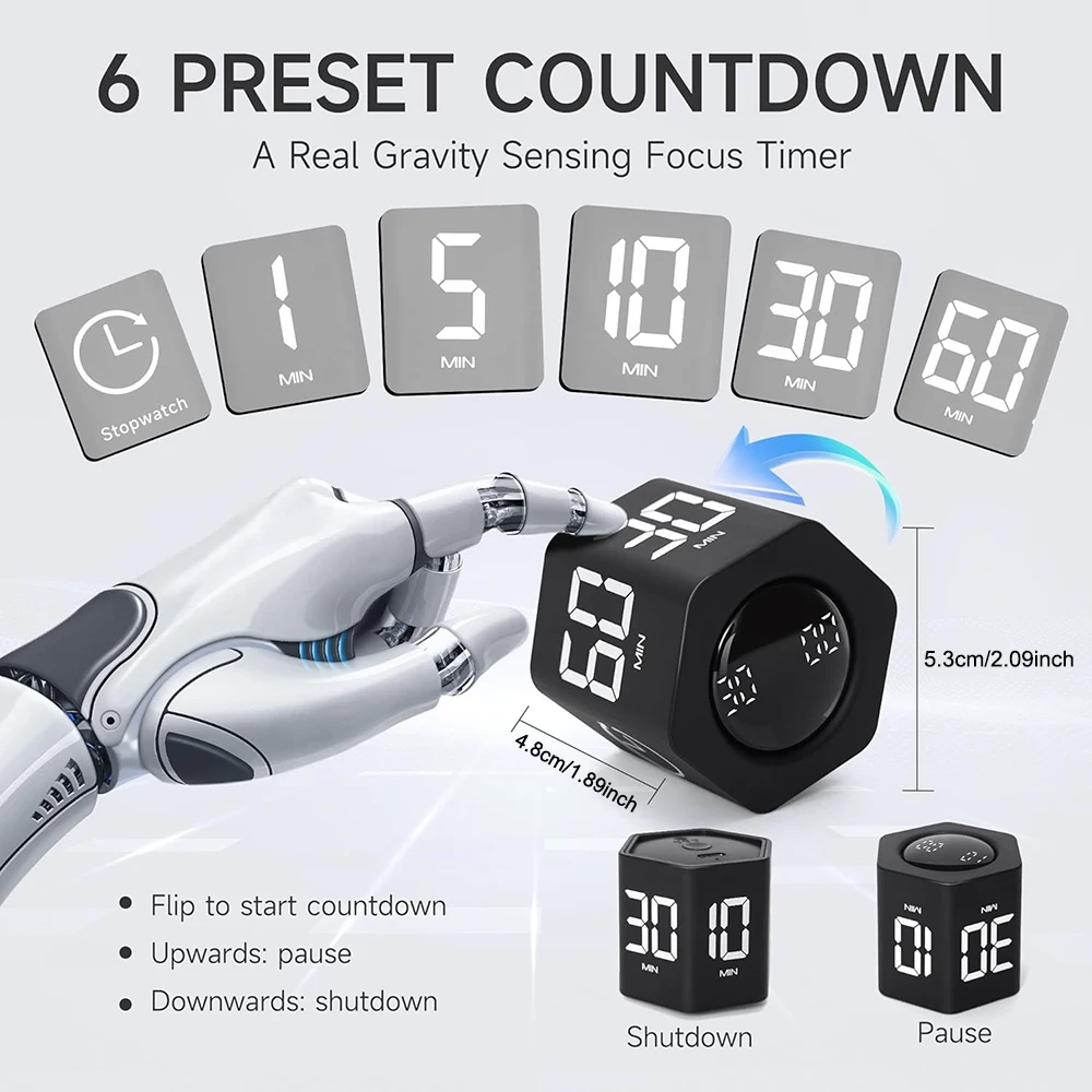 ساعة Ticktime Hexagon Flip - مؤقت إنتاجية نهائي للعمل والدراسة وADHD! إيقاف/إيقاع، صوت كتم الصوت/قابل للتعديل، 1 - 60 دقيقة