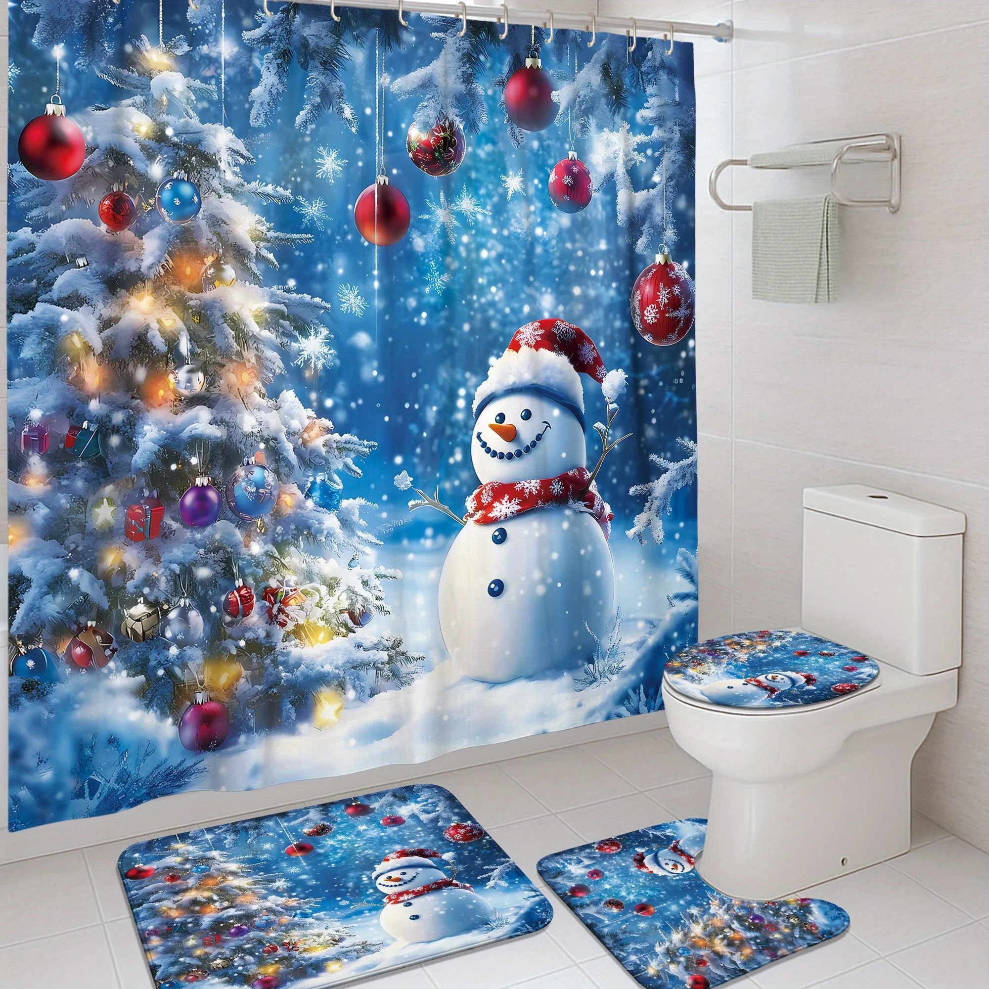 4Pcs Xmas Winter Snowman Tree Snowflake Bath Set, Blue White Shower Curtain & Mat, 12 Hooks, Non-Slip Mat, U-Shaped Toilet Cover